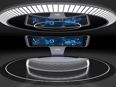 Modern Hi Tech Exhibition Booth With Digital Screens Data Displays And Circular Lighting 3d model