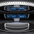 Modern Hi Tech Exhibition Booth With Digital Screens Data Displays And Circular Lighting
