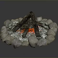 Modern Stone Fire Pit Design With Burning Logs And Red Flames 3d model