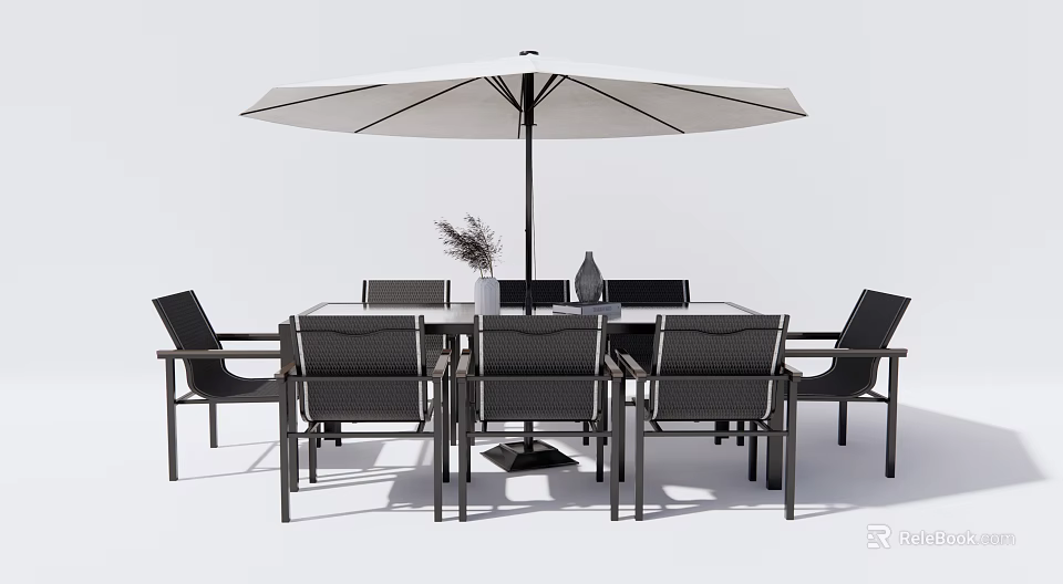 Modern Outdoor Table Set with Black Chairs and White Umbrella for Patio 3d model 