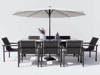 Modern Outdoor Table Set with Black Chairs and White Umbrella for Patio 3d model