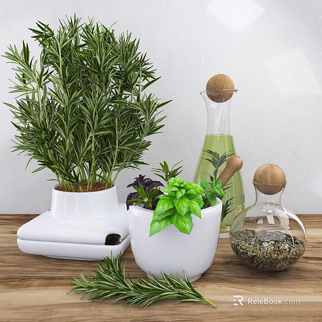 Ornamental Kitchen Decor Set with Rosemary Basil Olive Oil Bottle Mortar and Spice Jar 3d model 