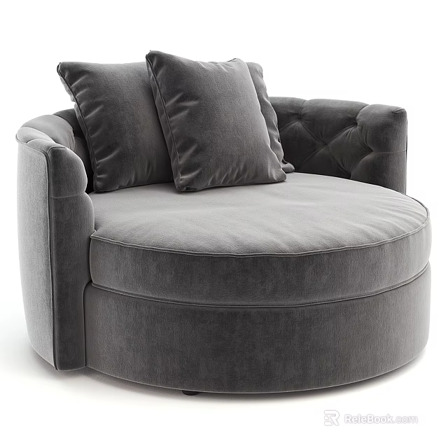 Gray Velvet Round Three Seater Sofa With Tufted Backrest And Plush Pillows 3d model 