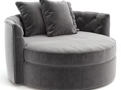 Gray Velvet Round Three Seater Sofa With Tufted Backrest And Plush Pillows 3d model