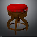 Vintage Wooden Stool With Round Red Cushion White Dots And Carved Legs