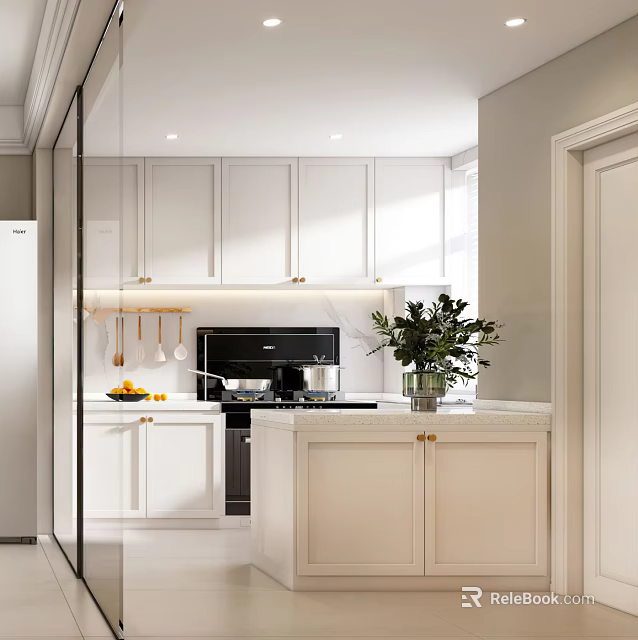 Modern Kitchen Interior With White Cabinets Black Appliances And Green Plant 3d model 
