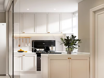 Modern Kitchen Interior With White Cabinets Black Appliances And Green Plant 3d model