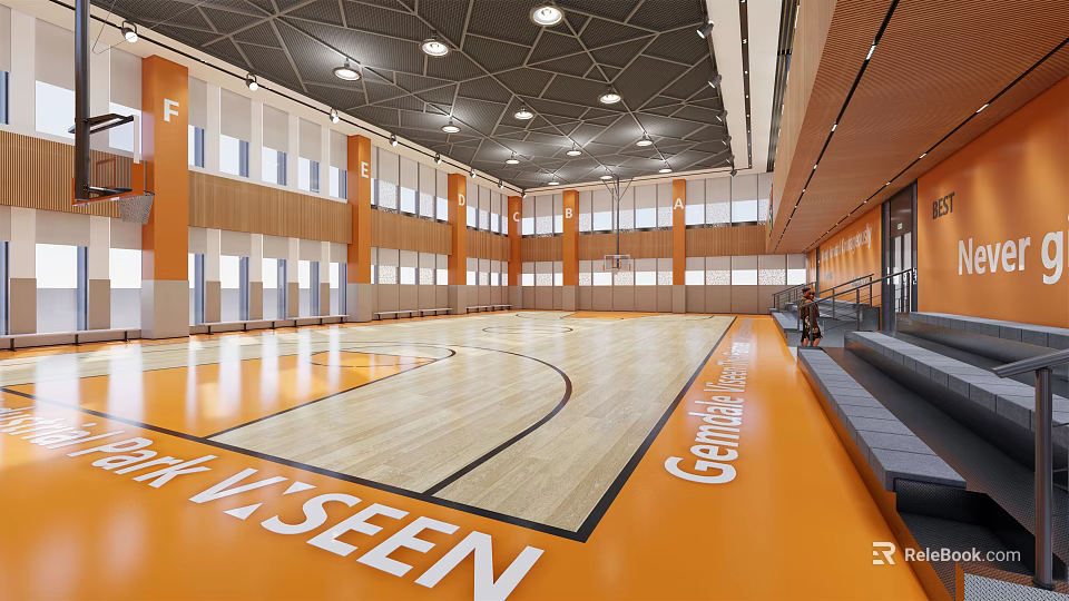Basketball Court Interior With Polished Wooden Floor Orange Accents Ceiling Lights Windows and Gray Bleachers 3d model 