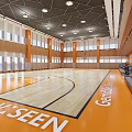 Basketball Court Interior With Polished Wooden Floor Orange Accents Ceiling Lights Windows and Gray Bleachers