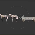 Four White Horses Pulling Wooden Wagon With Red Harnesses And Wheels