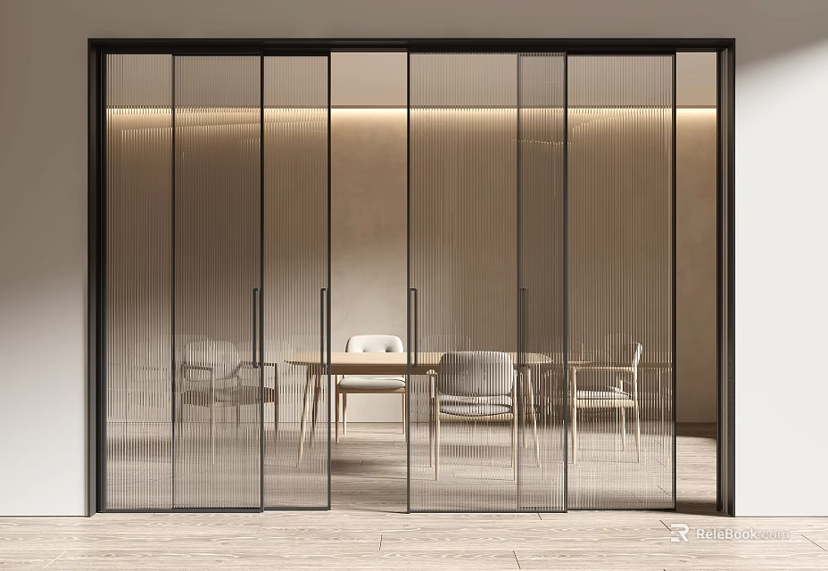 Modern Sliding Glass Doors With Black Frame As Room Divider In Dining Area Interior Design 3d model 