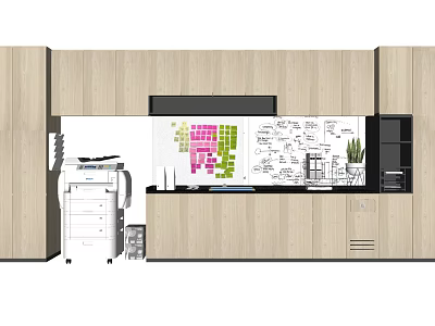 Wooden Storage Cabinet Rack With Whiteboard Printer And Potted Plant In Office 3d model