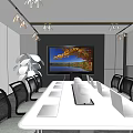 Modern Conference Room Interior With Long Table Laptops Projector Screen And Green Plant