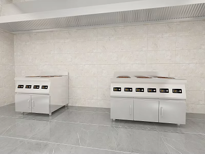 Commercial Stainless Steel Kitchen Appliances With Multiple Burners Control Panels Tile Walls And Marble Flooring 3d model