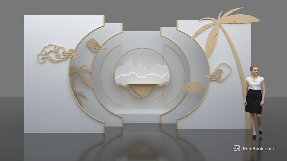 Chinese Style Decorative Wall With Circular Pattern Mountain Landscape Cloud Motifs Palm Tree Elements 3d model