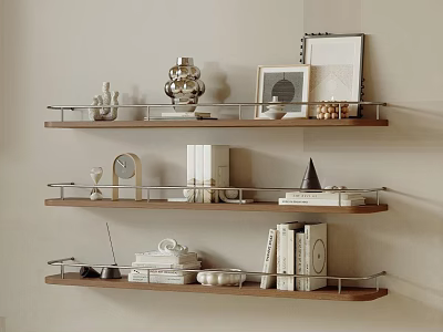Wooden Wall Shelves With Decorative Ornaments Books And Clock In Living Room 3d model