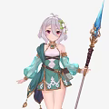Game Movie Character Silver Hair Purple Eyes Green White Outfit Holding Long Staff Blue Tip