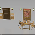 Wooden Furniture Set With Cabinet Dining Table Chairs Green Pendant Lights And Red Decorative Painting