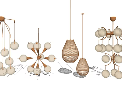 Stylish Modern Chandeliers With Wooden Details Woven Texture And Spherical Shades 3d model