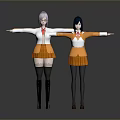 Two Female Characters in Orange School Uniforms with Pink Black Hair Short Skirts Arms Outstretched Standing