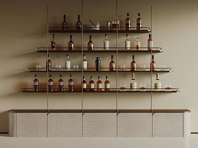 Modern Wine Rack With Bottles And Glasses On Metal Frame Wooden Cabinet 3d model