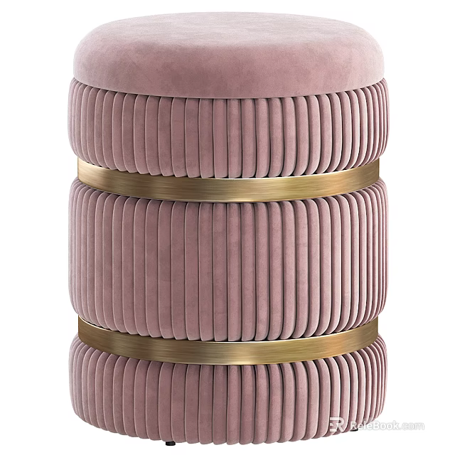 Pink Velvet Pleated Stool With Gold Metal Bands For Living Room Decor 3d model 