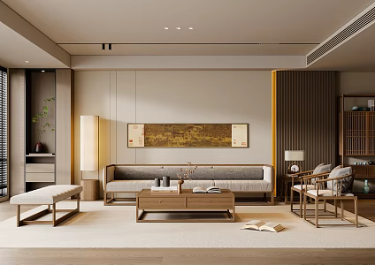 New Chinese-style Song-style Living Room Sofa Coffee Table Multi-person Sofa Floor Lamp Hanging Picture 3d model