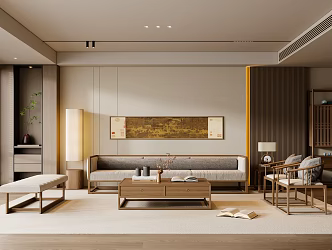 New Chinese-style Song-style Living Room Sofa Coffee Table Multi-person Sofa Floor Lamp Hanging Picture 3d model