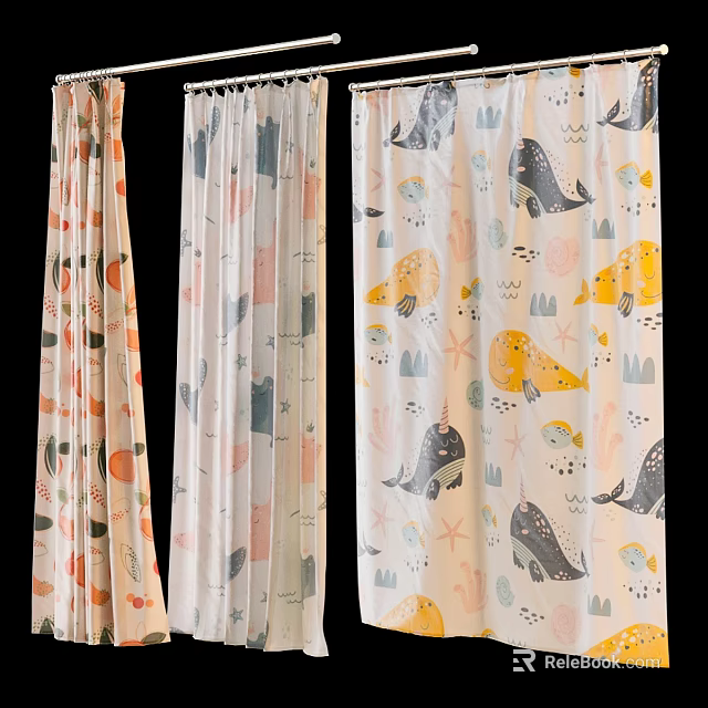 Cute Daily Use Curtains With Cartoon Whale Star Fruit Patterns In Orange And White Colors 3d model 