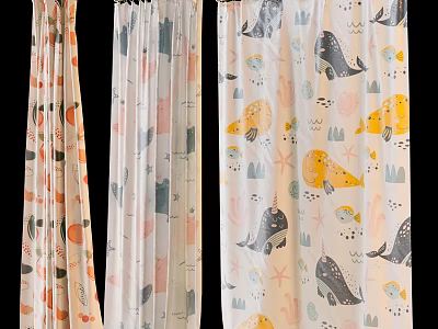Cute Daily Use Curtains With Cartoon Whale Star Fruit Patterns In Orange And White Colors 3d model