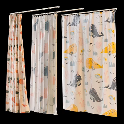 Cute Daily Use Curtains With Cartoon Whale Star Fruit Patterns In Orange And White Colors 3d model