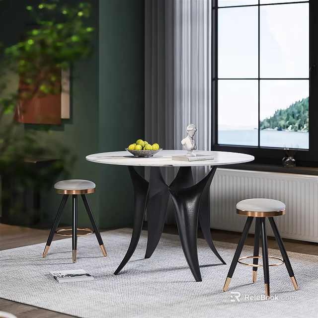 Modern Round Marble Dining Table Set with Black Metal Legs Gold Stools and Window View 3d model 