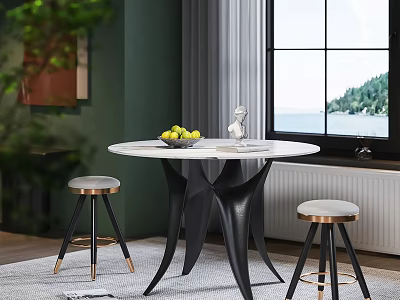 Modern Round Marble Dining Table Set with Black Metal Legs Gold Stools and Window View 3d model