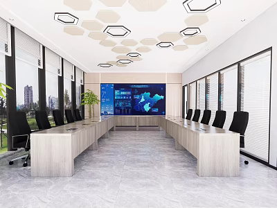 Modern Conference Room Interior With Long Table Black Chairs Large Screen And Hexagonal Lights 3d model
