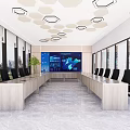 Modern Conference Room Interior With Long Table Black Chairs Large Screen And Hexagonal Lights