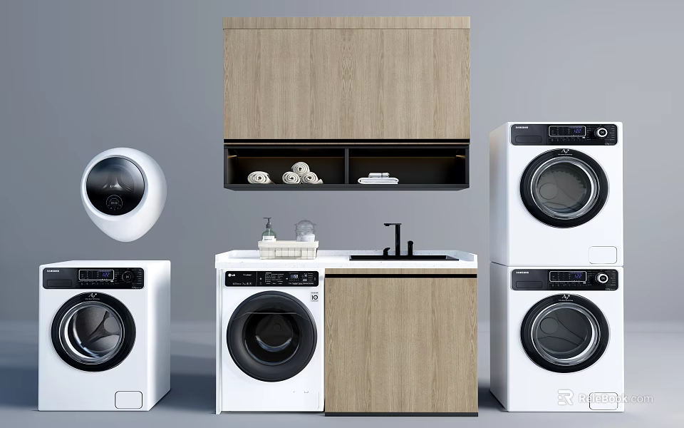 Modern White Washing Machines In Laundry Room With Wooden Cabinets And Countertop 3d model 