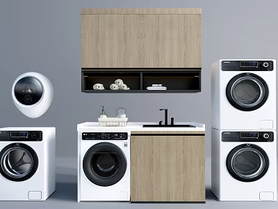 Modern White Washing Machines In Laundry Room With Wooden Cabinets And Countertop 3d model