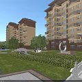 Residential Landscape With Modern Apartment Buildings Green Trees Pond Rocks And Lawn