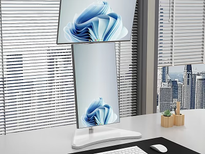 Modern Computer Monitor Dual Screen Design With Ergonomic Stand Keyboard Mouse And Urban View 3d model