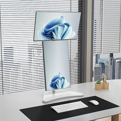 Modern Computer Monitor Dual Screen Design With Ergonomic Stand Keyboard Mouse And Urban View 3d model