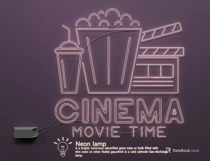 Cinema Themed Neon Light Combination with Popcorn Bucket Drink Cup and Clapperboard Design 3d model 