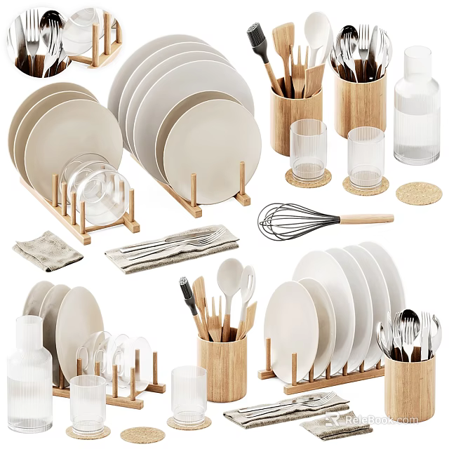 Essential Kitchenware Collection Featuring Plates Glasses Utensils Whisk Napkins And Wooden Holders 3d model 