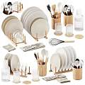 Essential Kitchenware Collection Featuring Plates Glasses Utensils Whisk Napkins And Wooden Holders