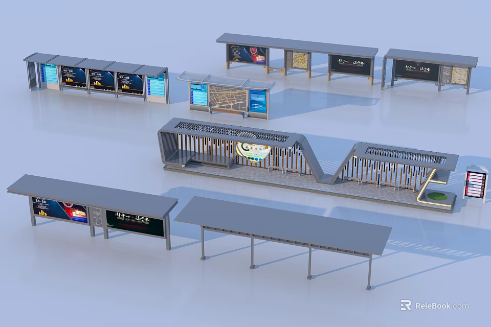 Different Modern Bus Shelter Designs With Advertising Panels And Seating 3d model 