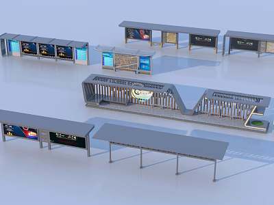 Different Modern Bus Shelter Designs With Advertising Panels And Seating 3d model