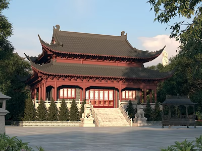 Ancient Chinese Architecture Red Structure Black Eaves Roof Front Steps Surrounding Trees 3d model