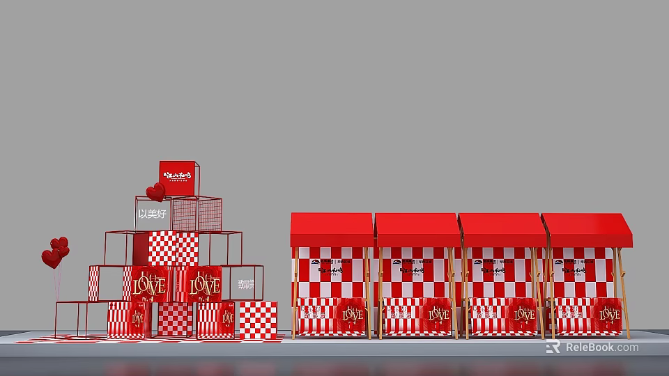 Red White Checkered Structures Featuring LOVE Signs And Red Canopies 3d model
