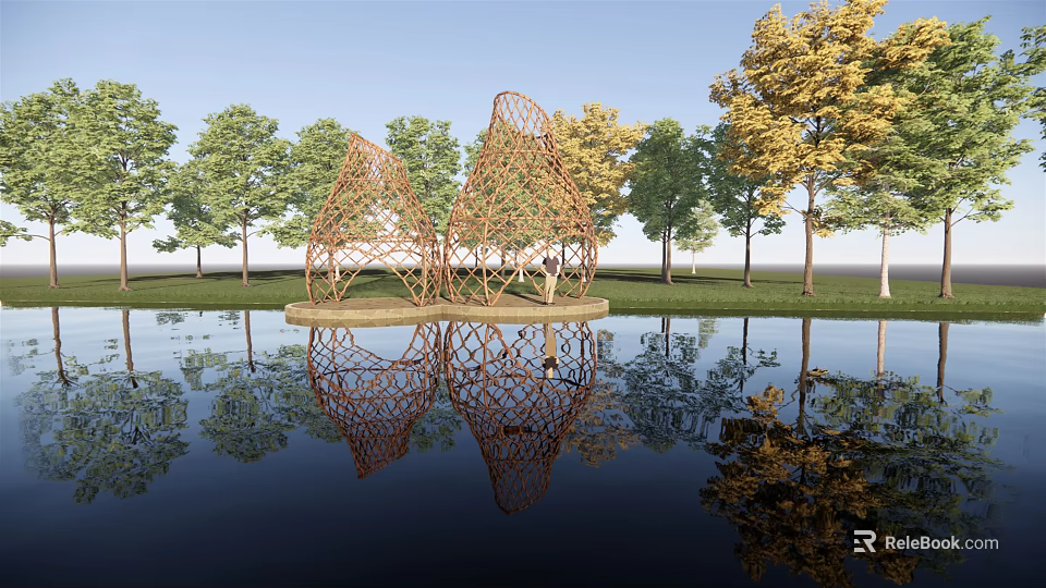 Garden Landscape With Leaf Shaped Woven Structures Trees And Water Reflection 3d model