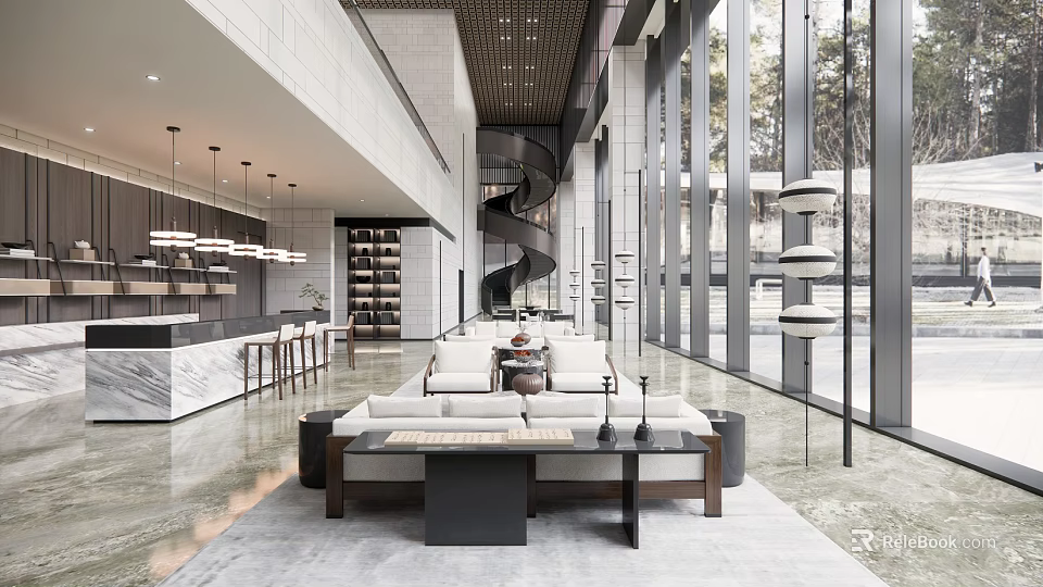 Modern Luxury Lounge Area Interior With Large Windows Sofas Coffee Tables And Pendant Lights 3d model 