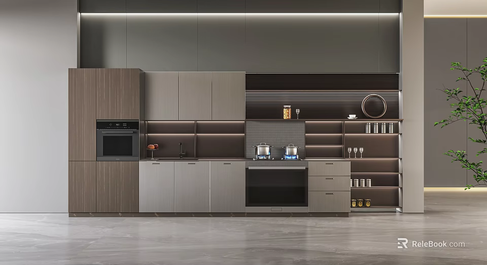 Elegant Modern Kitchen Interior With Wooden And Gray Cabinets Oven And Open Storage Shelves 3d model 